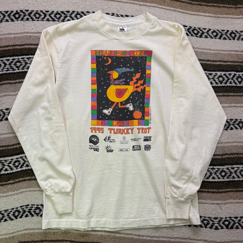 Vintage 1995 Thanksgiving Day Turkey Trot Denver White Long Sleeve Shirt Sz L